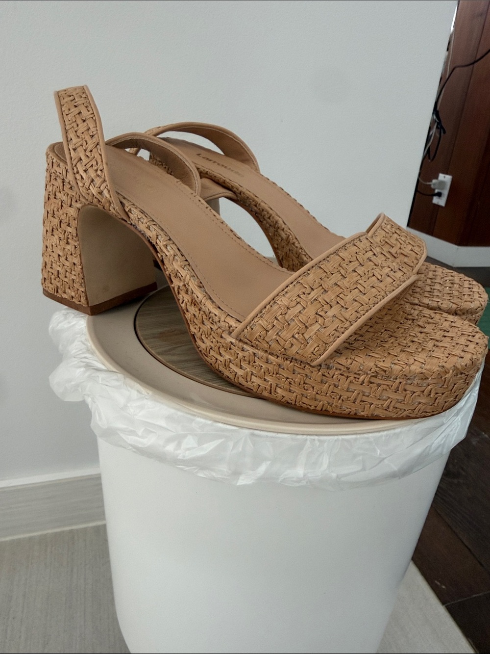 Larroude Tan Woven Slingback Rattan Sandals - Picture 3 of 4